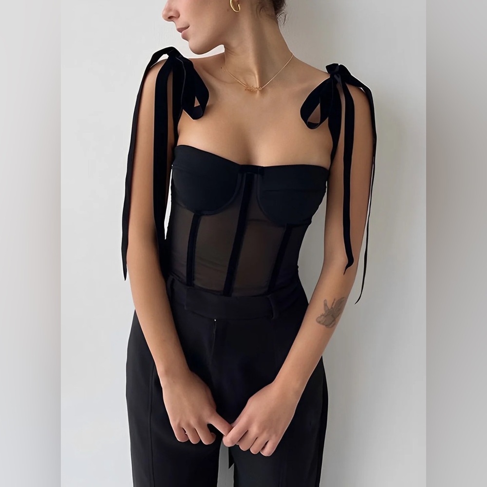 47 Semi-Sheer Tied Mesh Cami Crop Top